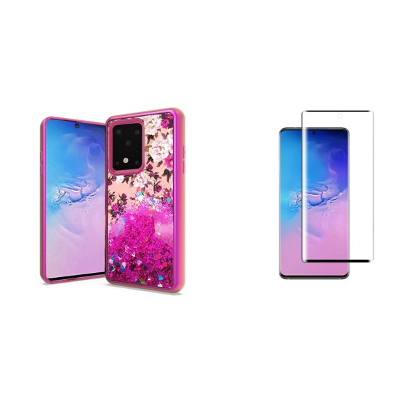 Bemz [Liquid Series] Samsung Galaxy S20, 6.2 inch Phone Case: Chrome TPU Quicksand Waterfall Glitter Cover with Tempered Glass Screen Protector and Atom Wipe - Hot Pink Flowers