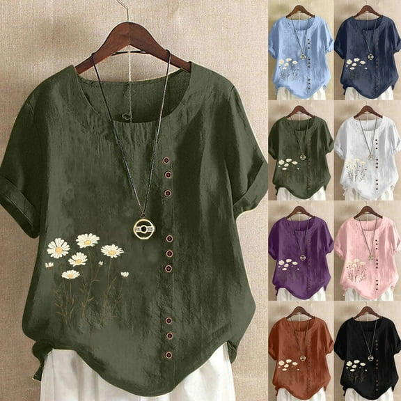 DDAPJ pyju Womens Summer Tops Boho Floral Print Short Sleeve Tshirt Baggy Linen Blouse Lightweight Comfy Beach Vacation Tees Army Green XXXL