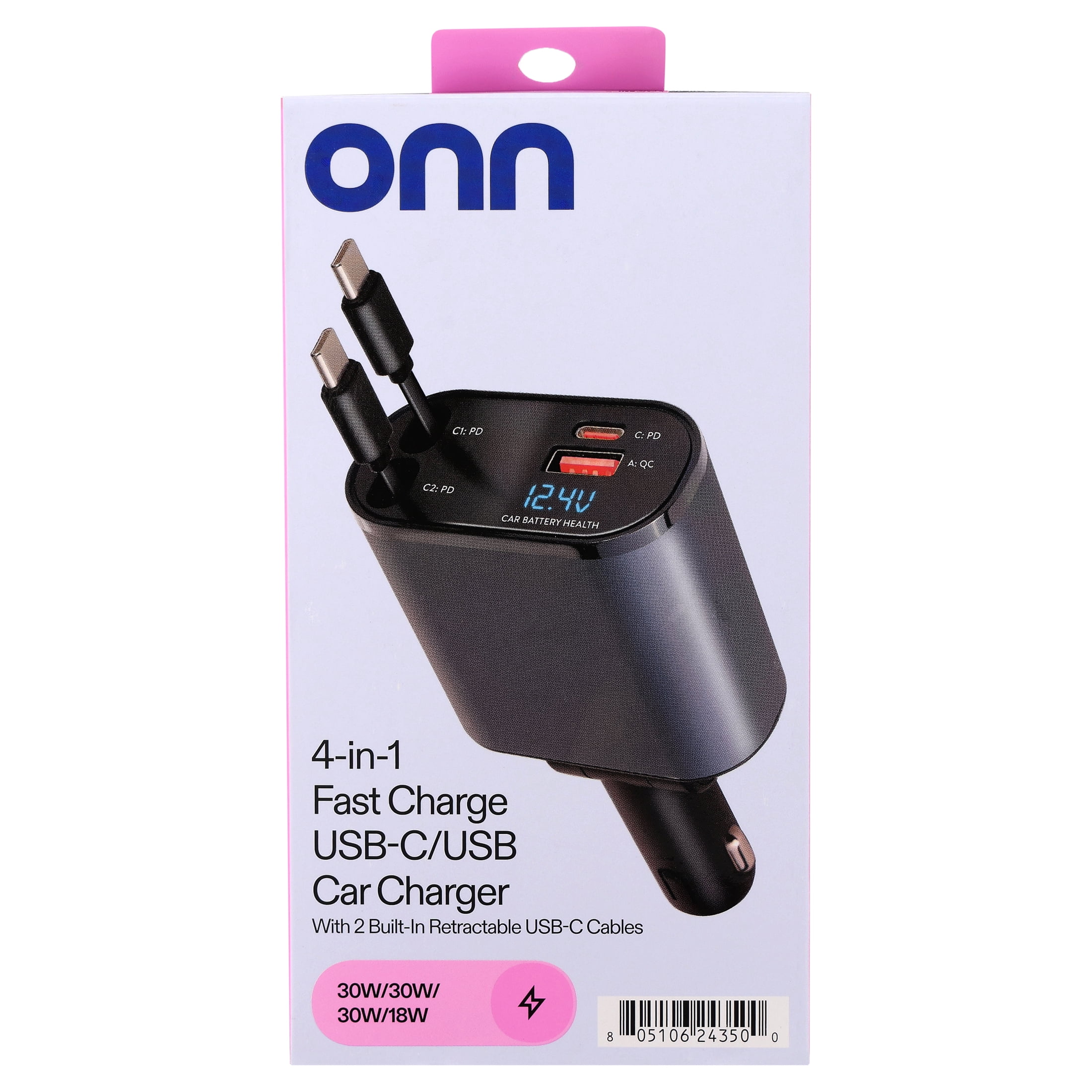 onn 4-in-1 Fast Charge USB-C/USB Car Charger