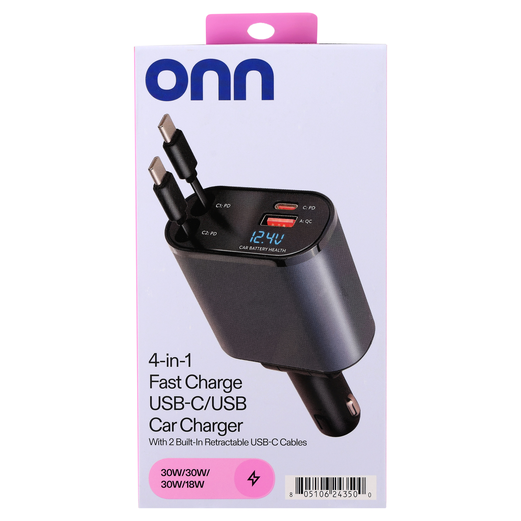 onn 4-in-1 Car Charger with Dual Retractable USB-C Cables photo 5