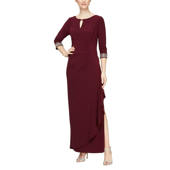Alex Evenings Long A-Line Dress with Embellished Sleeves and Neckline (Womens, Fig, 6)