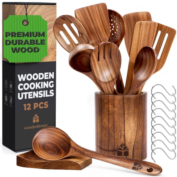 Wooden Spoons for Cooking – Wooden Cooking Utensils Set with Holder, Spoon Rest & Hooks, Teak Wood Nonstick Kitchen Cookware – Durable Se