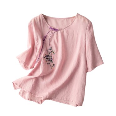 Tnhcen Women's New Chinese Style Embroidered Button Front Cotton Linen Blouse | Slit Collar Casual Summer Tops | Plus Size Friendly (M-4XL) Traditional Tops