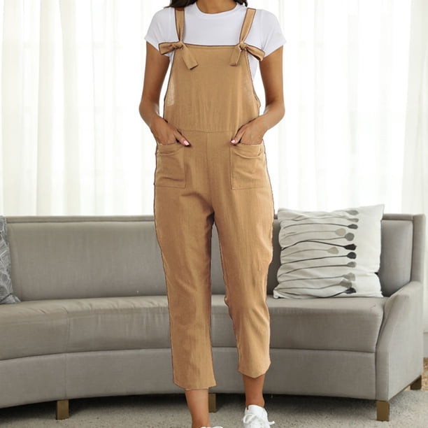 Mono de pantalones casuales con tirantes literarios de talla grande de color sólido a la moda para mujer Pompotops qyievc1127