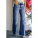thumbnail image 2 of Pantalones anchos de pierna recta para mujer Bolsillos laterales elásticos de tiro medio Cremallera abotonada Pantalones cómodos Azul oscuro XL, 2 of 8