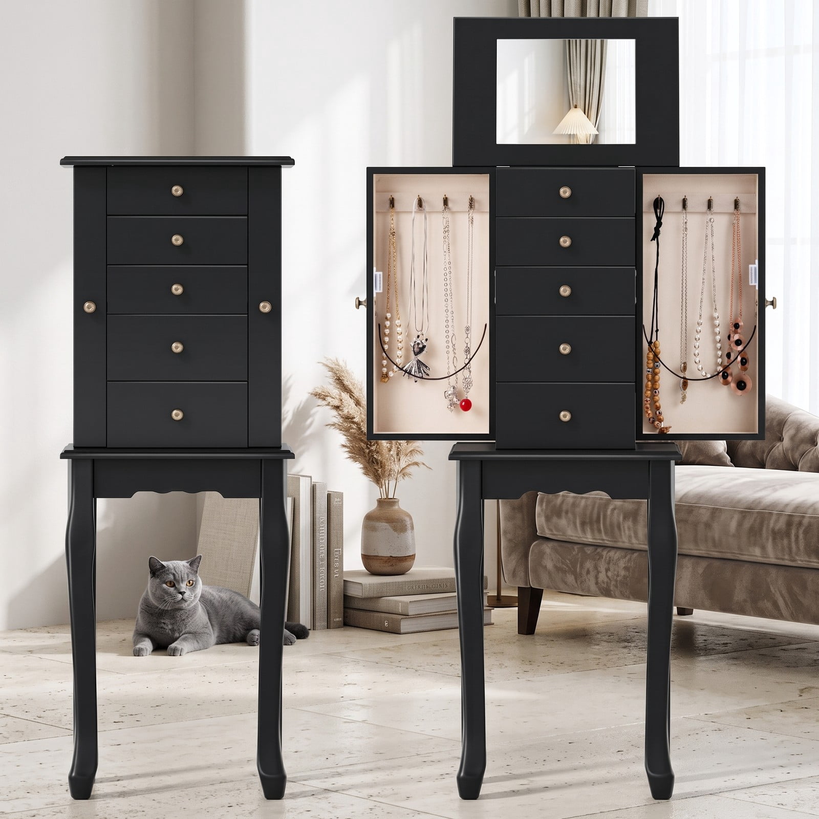 Furnibear Freestanding Armoire Storage Jewelry Cabinet with 5 Drawers, Side Compartments, and Lift-Top Mirror for Bedroom, Black