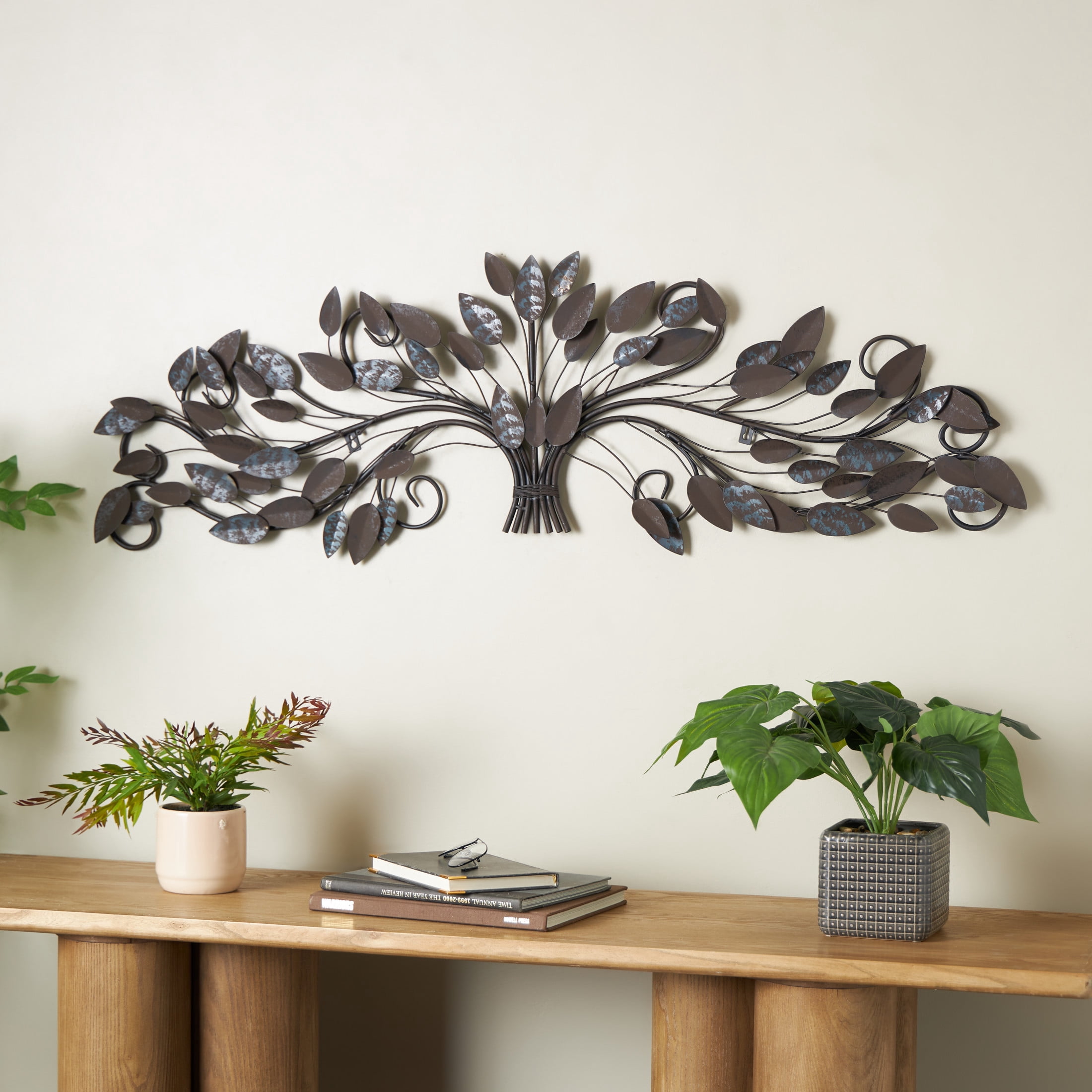 DecMode Blue Metal Leaf Wall Decor with Beaded Accents