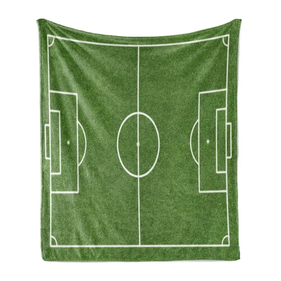 Teen Room Soft Flannel Fleece Throw Blanket, Soccer Field Grass Motif Stadium Game Match Winner Champion Sports Area, Cozy Plush for Indoor and Outdoor Use, 70" x 90", Fern Green White, by Ambesonne
