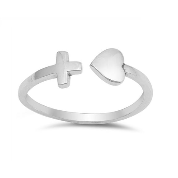 Sterling Silver Plain Heart And Cross Adjustable Ring