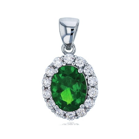Sterling Silver Rhodium 9x7mm Oval Cut Emerald & Clear CZ Rd Cut Halo Pendant