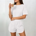 thumbnail image 2 of Tqcoqu Women's Eyelet Embroidery 2 Piece Outfit, Crew Neck Short Sleeve Top & Elastic Waist Split Hem Shorts, Breathable Summer Loungewear Pajama Set for Women﻿,White Women's M-XXL, 2 of 5