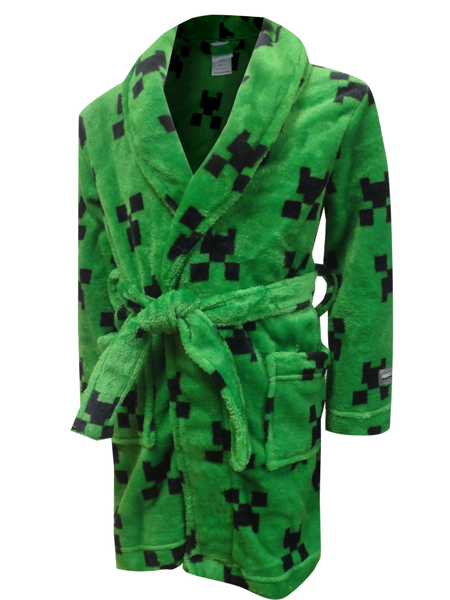 Minecraft Dressing Gown Kids Fleece Hooded Soft Robe with Creeper Design 