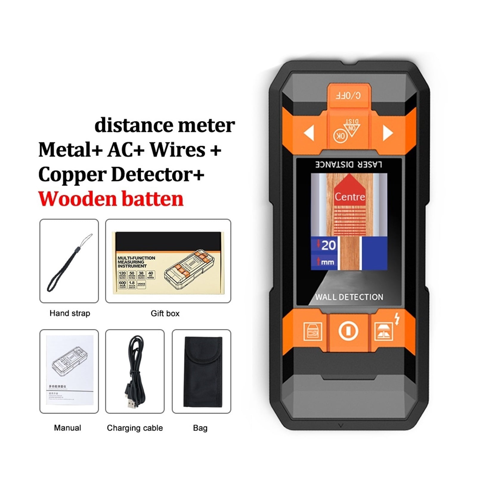 Digital Distance Meter Stud Finder AC Wire Tracker Wall Scanner Wood Moisture Meter Rangefinder Tape Metal Detector ,Accurate and Quick - 210D