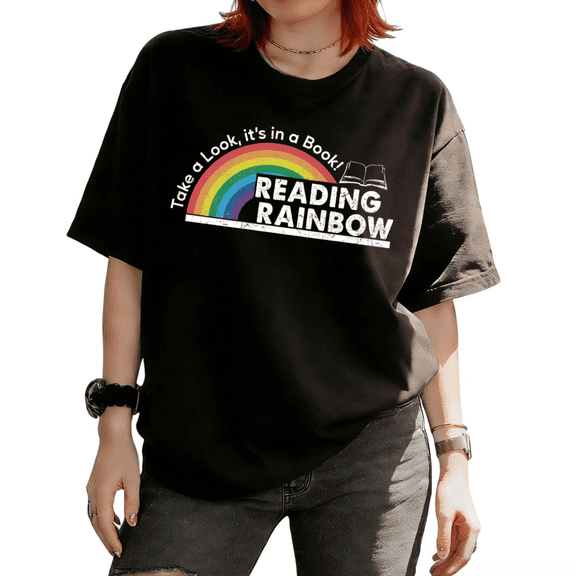 Look Its A Book Rainbow Reading Vintage Graphic Relaxed Fit Casual Tees T-Shirt Tops Short Sleeve Round Neck Black S-5XL