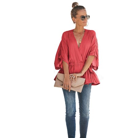 Ruffle Neck T-shirt - Women Ruffle Tunic Tee Shirts Short Sleeve V Neck Wrap Loose Blouse