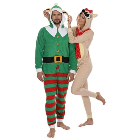 Secret Santa Mens Elf and Reindeer Hooded Christmas Union Suit Pajama, Womens Reindeer, Size: S