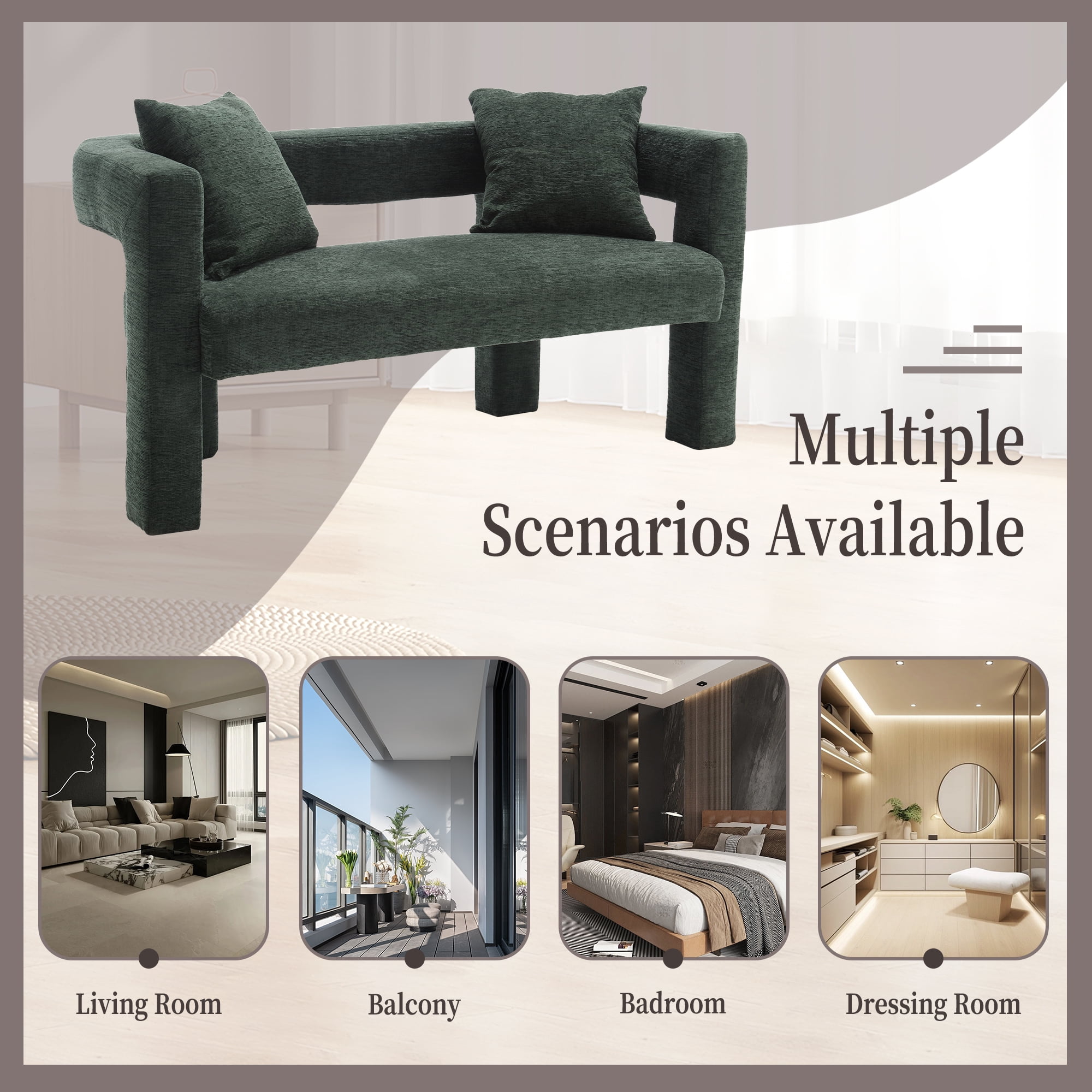 MOONMISS Chenille Upholstered Modern Comfy 2-Seater Loveseat Chair with 2 Pillows-Emerald