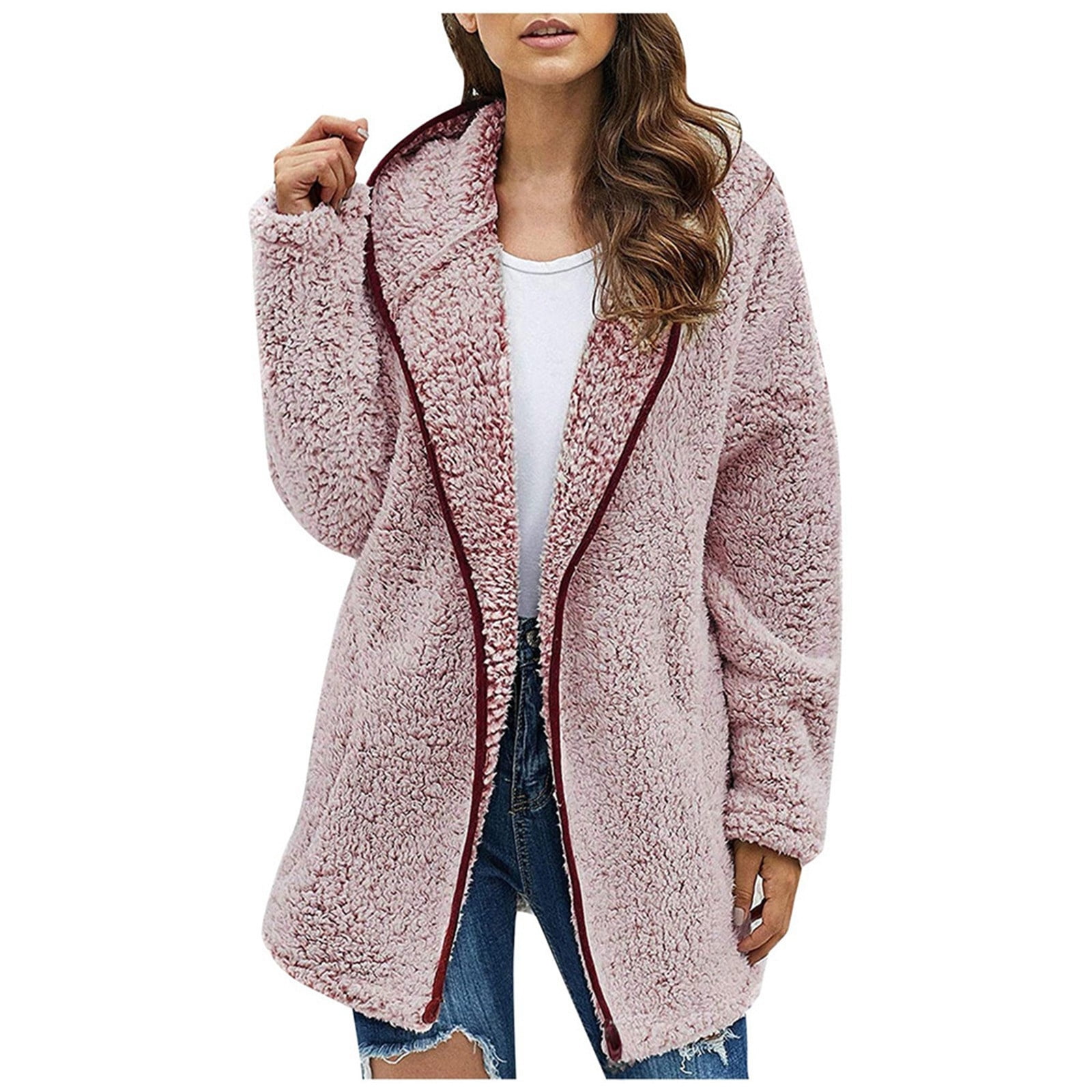 WEIYLL Fleece Jacket Women Thick Knitted Cardigan Solid Color Sleeve Furry Pink Going Out Fall Tops Size M