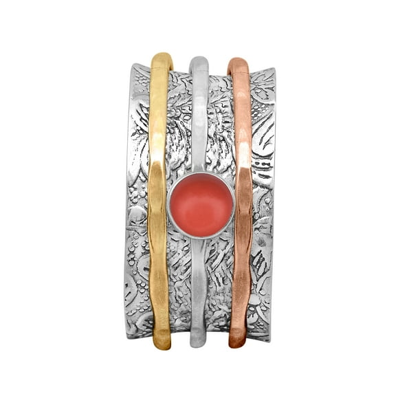 5MM Round Coral 925 Silver Dual Tone Meditation Anxiety Women Spinner Ring