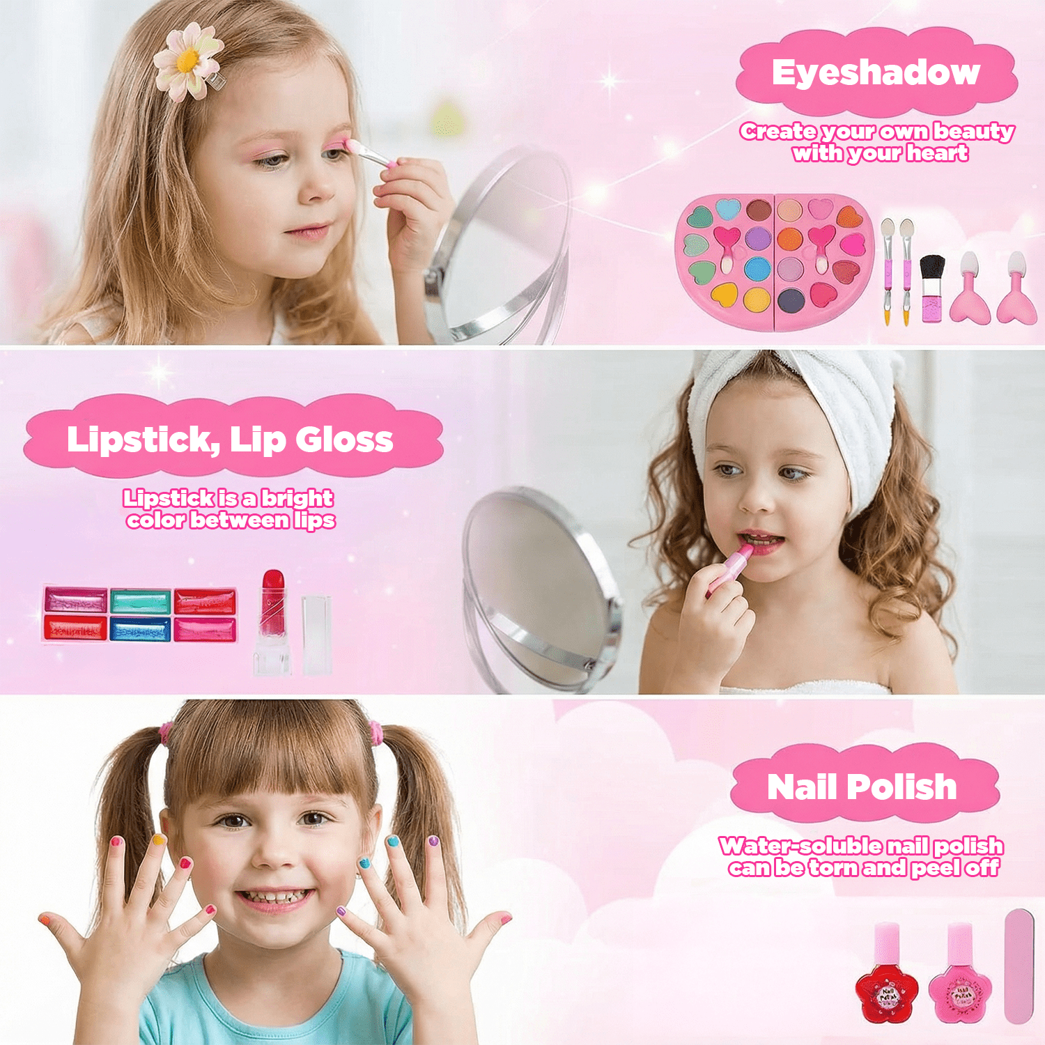 Kids Makeup Kit for Girl, Non-Toxic Toys Toddler Cosmetic With Mirror, Real Washable Kids Makeup Sets for Girls 5-8 Year Old Gifts