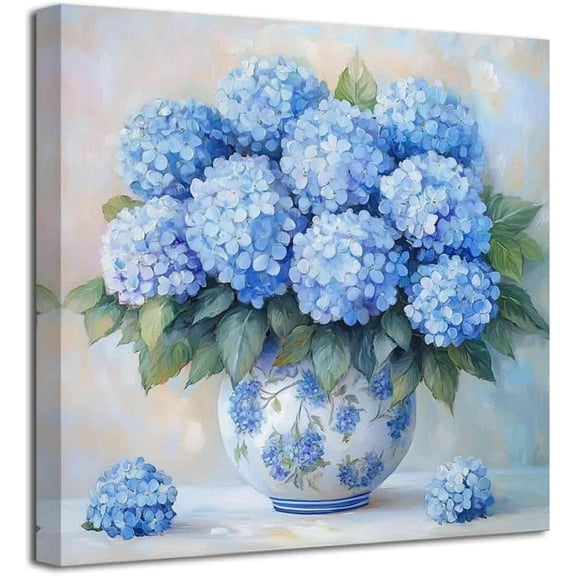 AVOI Hydrangea Wall Art Blue Bathroom Decor Blue Hydrangea Pictures Wall Decor Rustic Floral Poster Prints Flowers in Vase Painting Home Decor Unframe: 16x20in