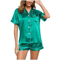 Plebaso Womens Satin Pajama Set 2 Piece Outfit Silk Button down Shirts and Sleep Shorts Pjs Lounge Sets