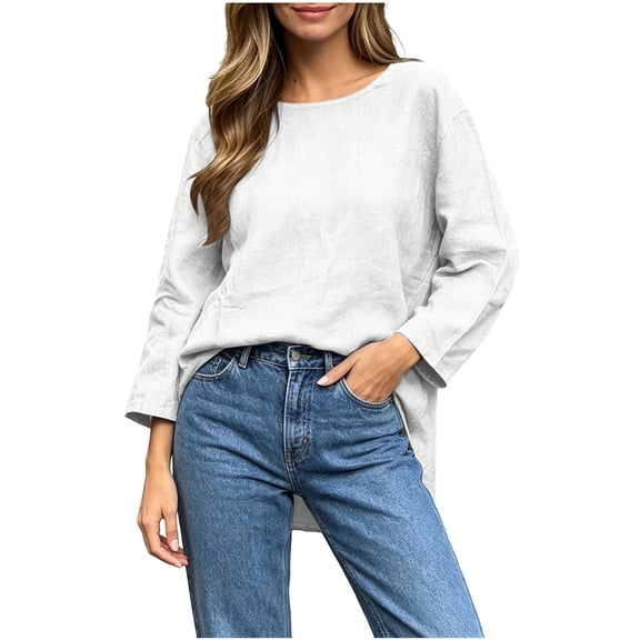 Oiangi Womens Oversized Long Sleeve Shirts Scoop Neck Basic Tunic Tops Fall Comfy Fashion Streetwear Blouses White 2XL