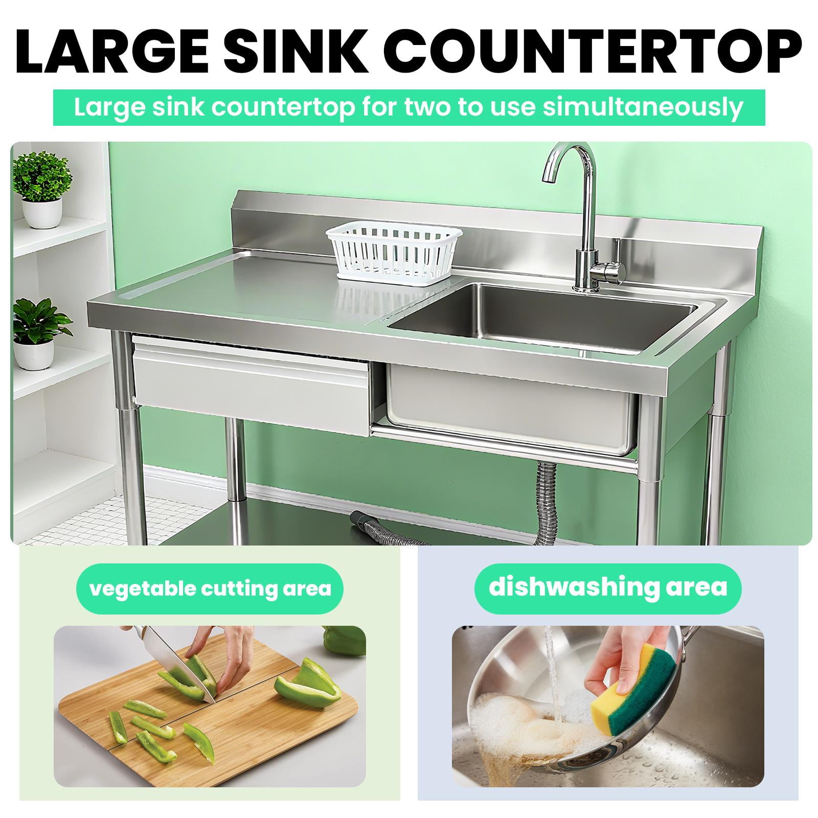 Stainless Steel Utility Sink, 40 Inch Free Standing Single Bowl Kitchen Sink with Drawer & Cold and Hot Water Pipe, Freestanding Single Bowl Laundry Sink for Outdoor & Workshop