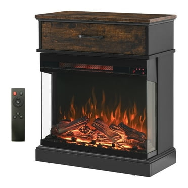 25" Stand Side Table with 3-Sided Glass Electric Fireplace, Brown End Table with A Drawer and Home Decor Heater for Living Room
