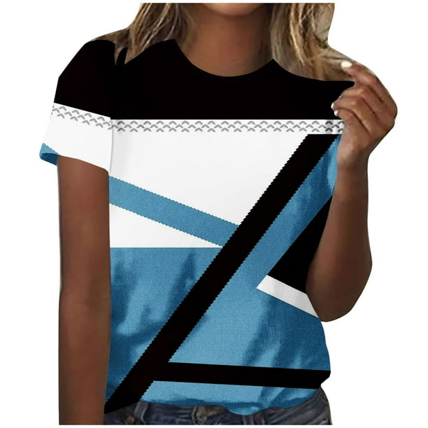 Tops Cortos para las Mujeres, Estampado Cuello Redondo Camiseta de Manga Corta, Moda Casual Blusa de Poliéster Ligero