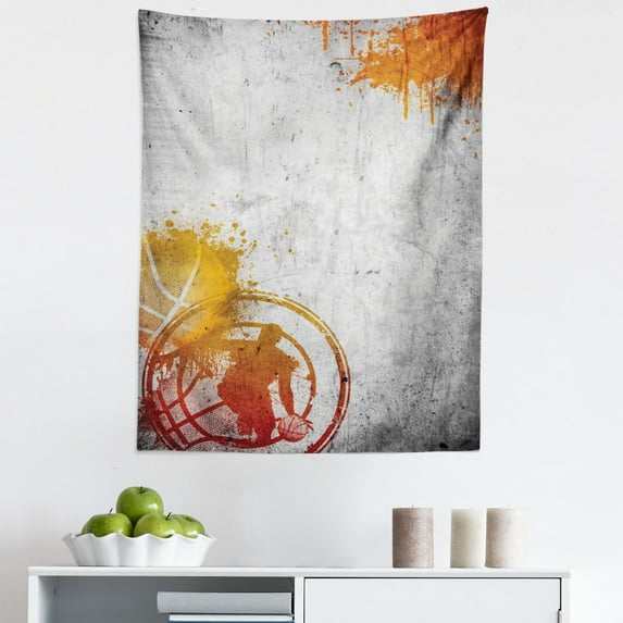 Grey Tapestry, Basketball Streetball and Paint Stains Image on Concrete Wall Rustic Print, Fabric Wall Hanging Decor for Bedroom Living Room Dorm, 5 Sizes, Charcoal Orange, by Ambesonne