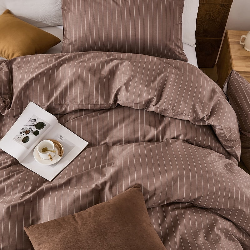 Brown Pinstripe Duvet Cover Set King Size, 100% Cotton Duvet Cover Set with 2 Pillowcases, Soft and Breathable natural cotton bedding Set for All Seasons
