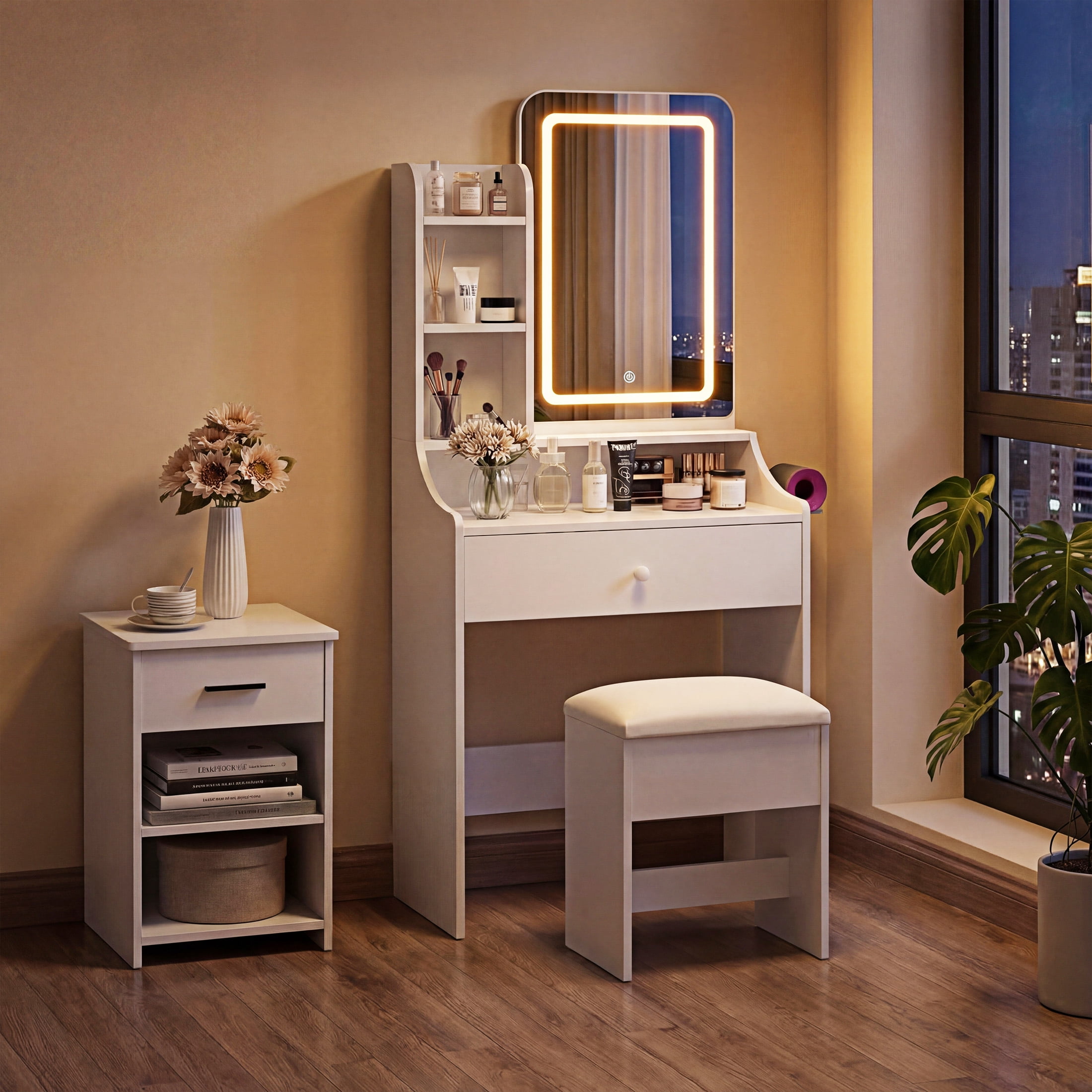 EDX 24" Makeup Vanity Table and Chair Set,  Modern Vanity Desk with Mirror,  Power Outlets&3 Lighting Modes,  White