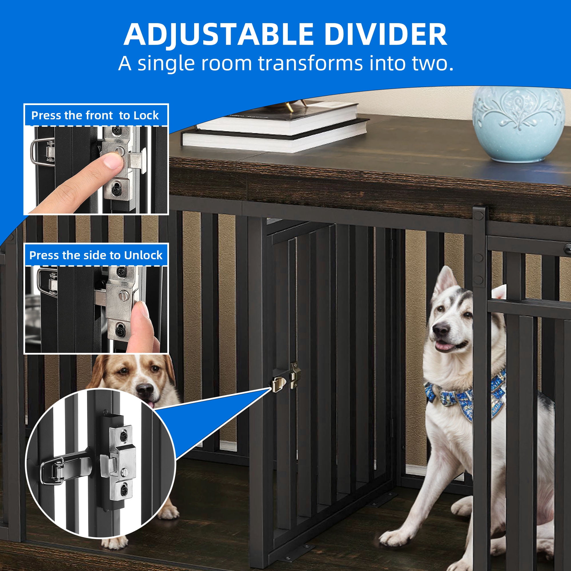 Dextrus 71" Dog Crate Furniture with 4 Dog Bowls for 2 Dogs, Heavy Duty Wooden Dog Kennel Crate TV Stand - Black Oak