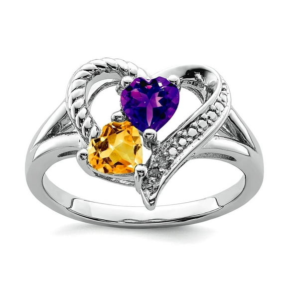 925 Sterling Silver Amethyst Citrine Diamond Ring Size 9 2mm Wide Ring for Women - .010 dwt .81 cwt