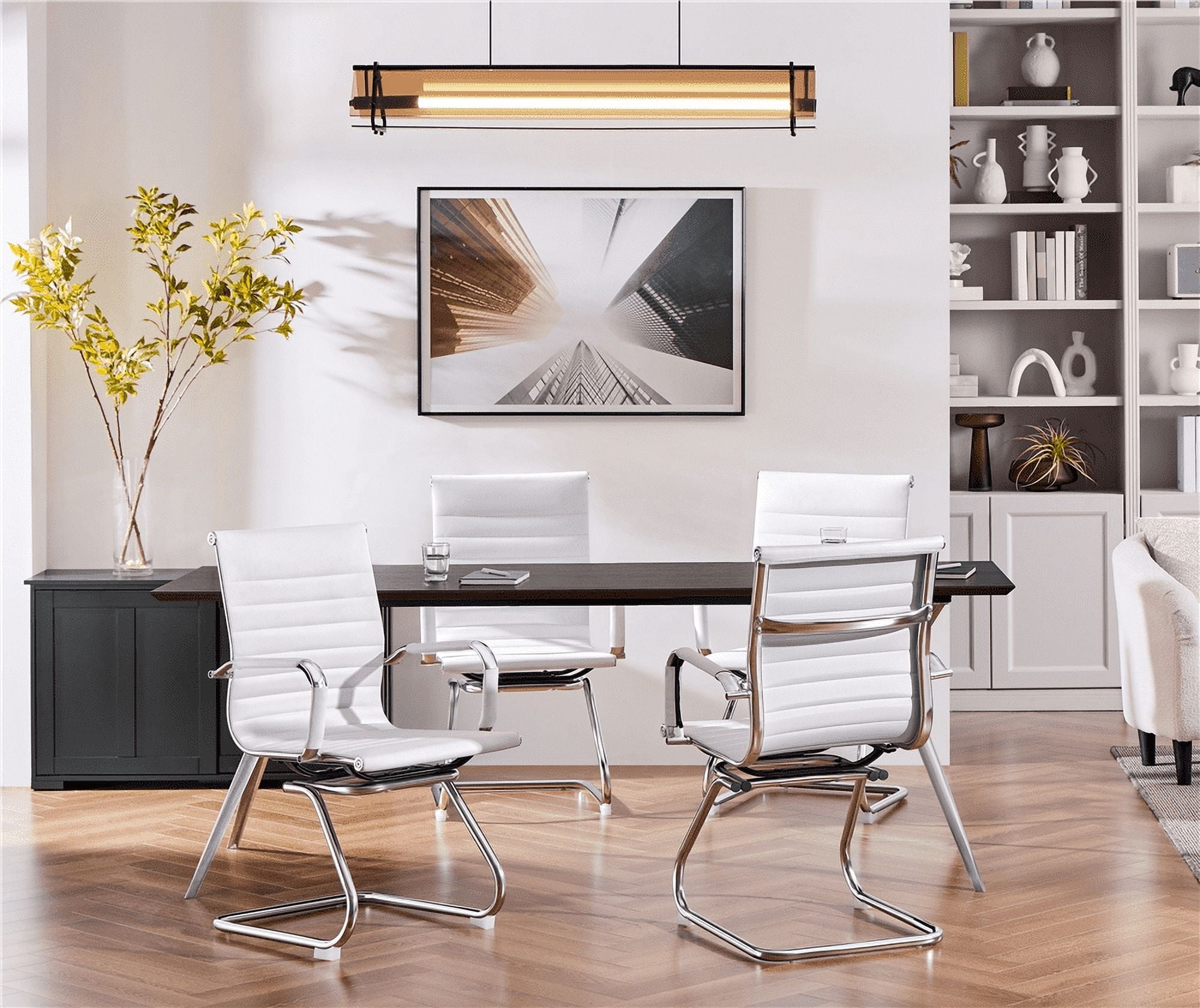 Alden Design 2pcs Mid-back Ergonomic Office Reception Chair with Sled Metal Base, White