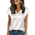 thumbnail image 2 of Women Silk Satin Cap Short Sleeve Blouse Tops V Neck Shirts Business Casual Tshirts White XL, 2 of 6