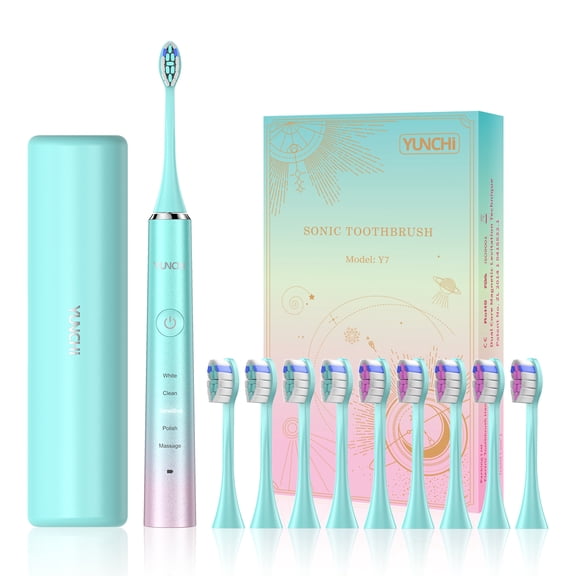 YUNCHI Y7 Sonic Electric Toothbrush with 5 Modes for Adults Rechargeable, 10 Brush Heads, Soft Bristles, Green, Perfect Gift