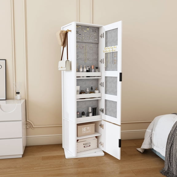 S-HOME 360 Degree Rotating Makeup Cabinet With Full-Length Mirror, Space-Saving Storage Unit For Jewelry And Accessories