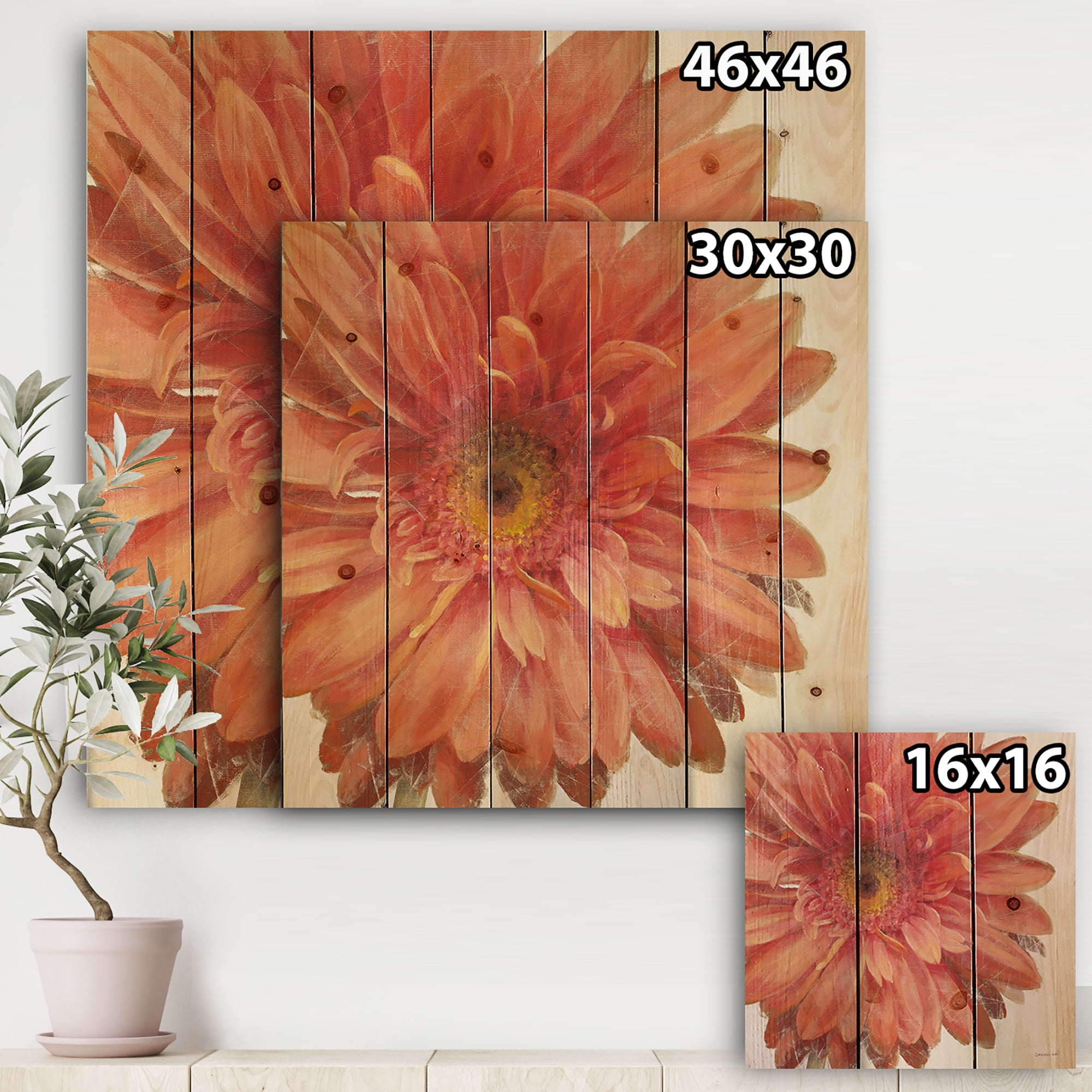 Designart 'Vivid Red Daisy' Floral & Botanical Print on Natural Pine Wood