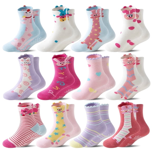 12 Pairs Baby Girls Grips Socks Kids Toddlers Infants Anti Slip Non Skid Funny Cartoon Crew Breathable Cotton Socks