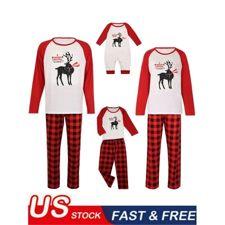 

Family Christmas Pyjamas Holiday Matching Outfits Set Xmas Deer Print T-Shirts Tops Plaid Long Pants for Adults Kids Baby