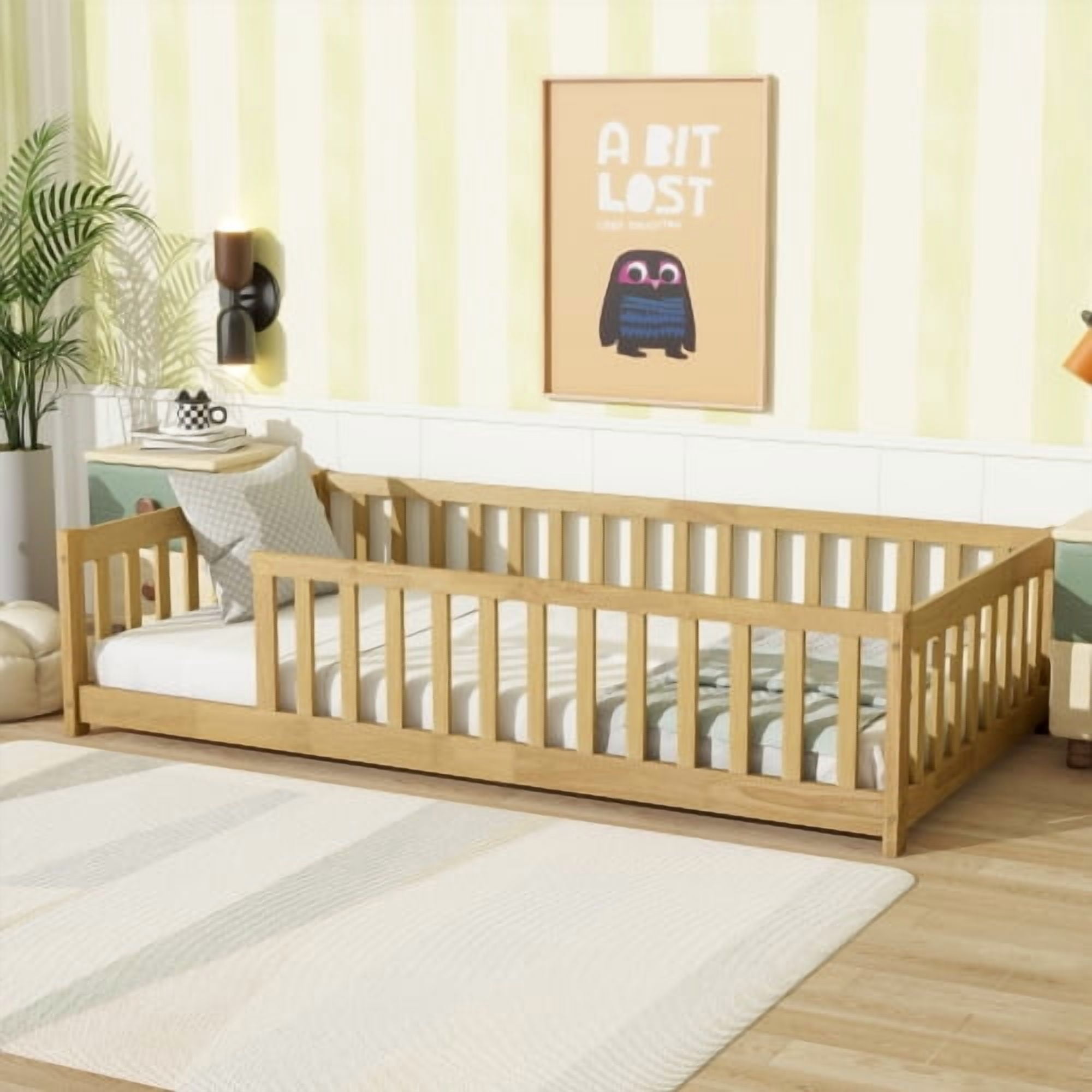 Twin Size Floor Bed with Fence without Door, Rubber Wood Floor Bed with Safety Guardrails,Natural