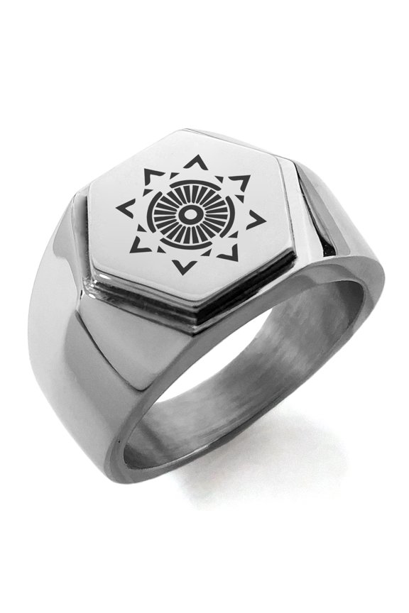 Stainless Steel Light Magic Rune Engraved Hexagon Crest Flat Top Biker Style Polished Ring