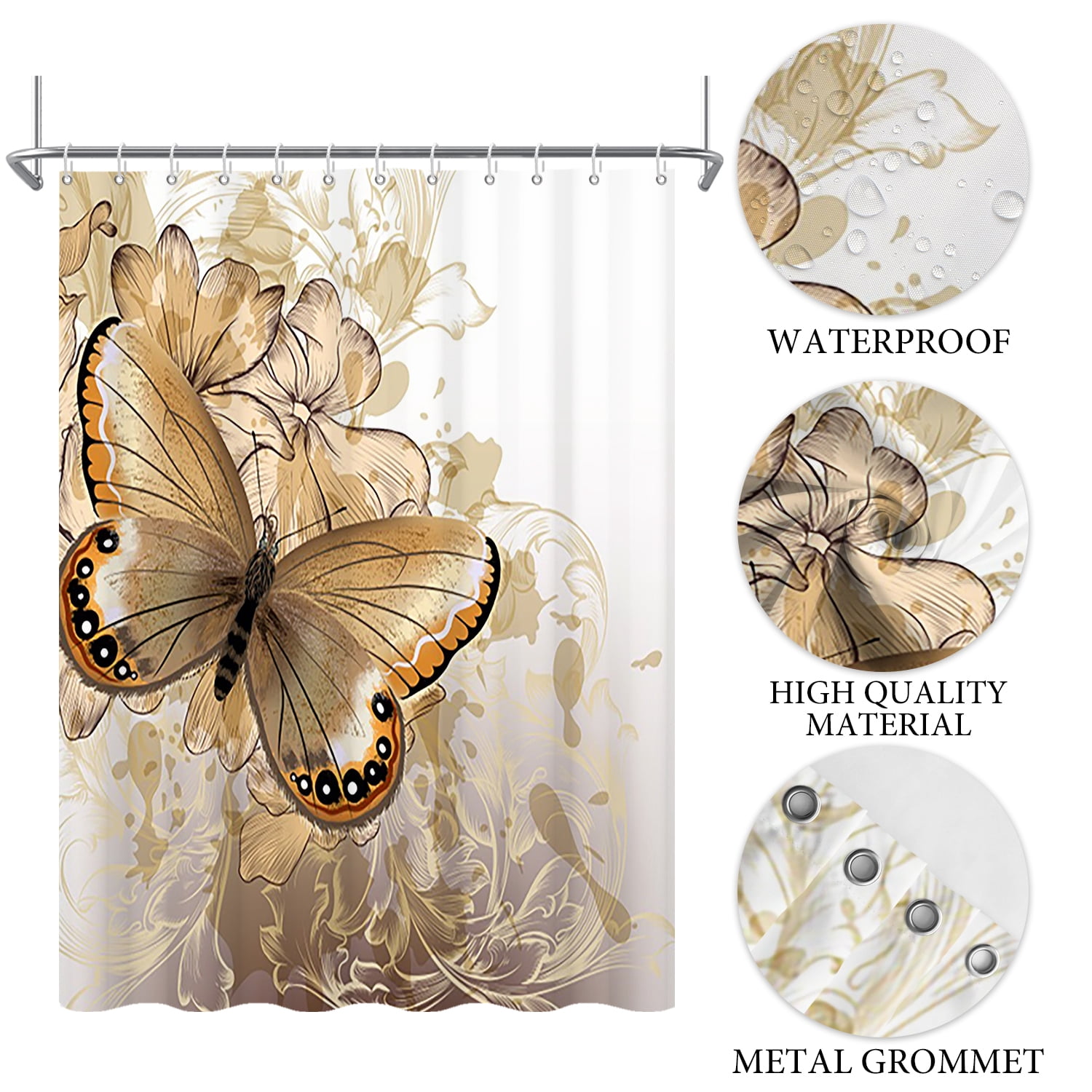 Pbobriich Brown Butterfly Shower Curtain,Modern Design Bathroom Shower Curtain with Hooks,72Wx78L