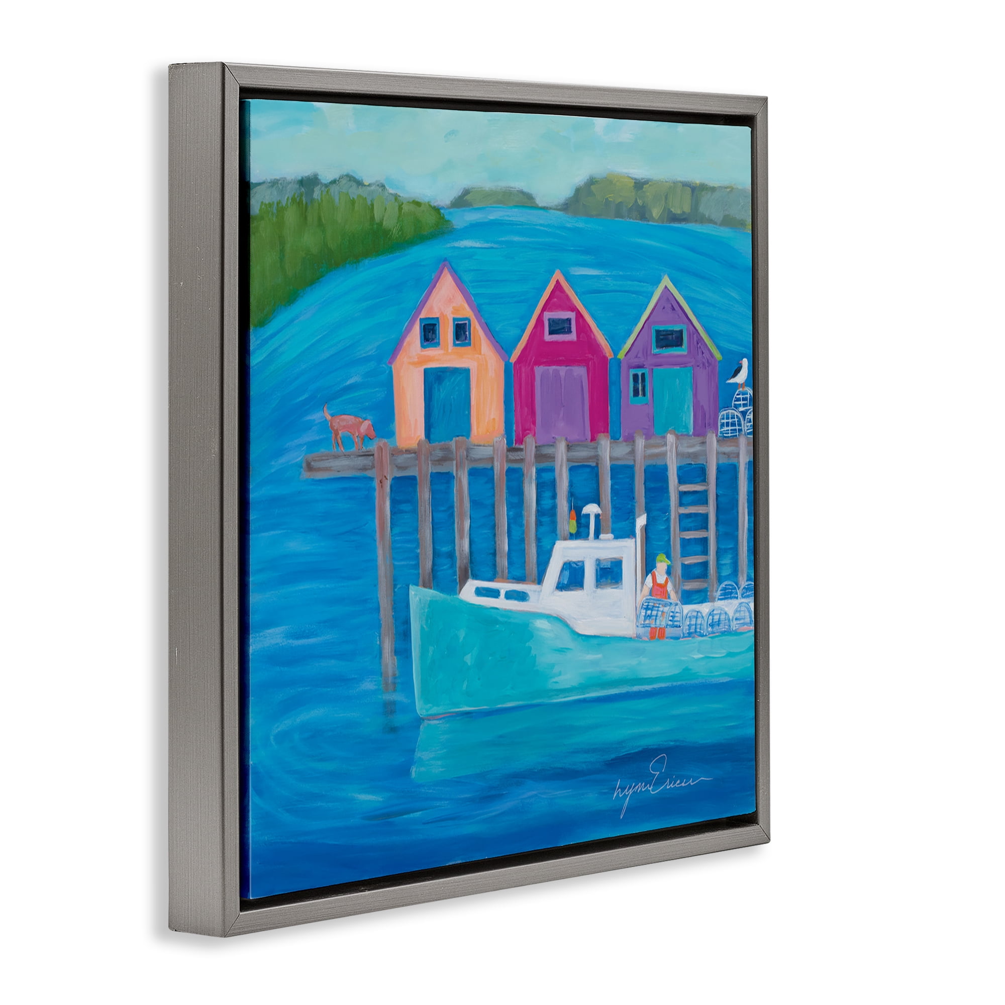 Stupell Industries Work Day at Seaside Village Gray Framed Floater Canvas Wall Art, design by Lynn Ericson Fine Art