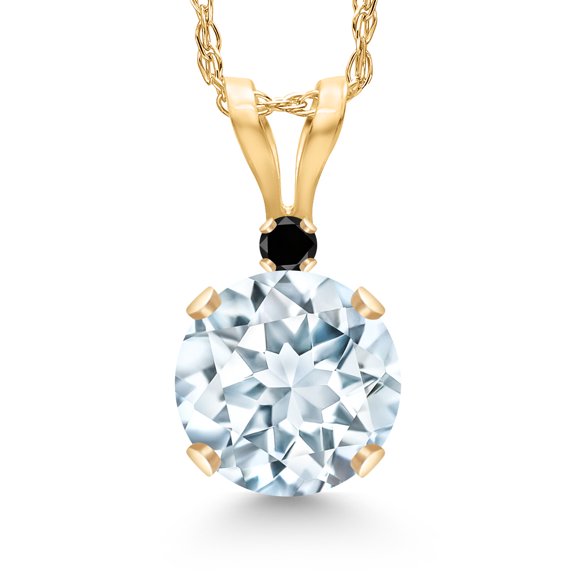 Gem Stone King 14K Yellow Gold Sky Blue Aquamarine and Black Diamond Pendant Necklace for Women | 0.77 Cttw | Gemstone March Birthstone | Round 6MM | With 18 inch Chain