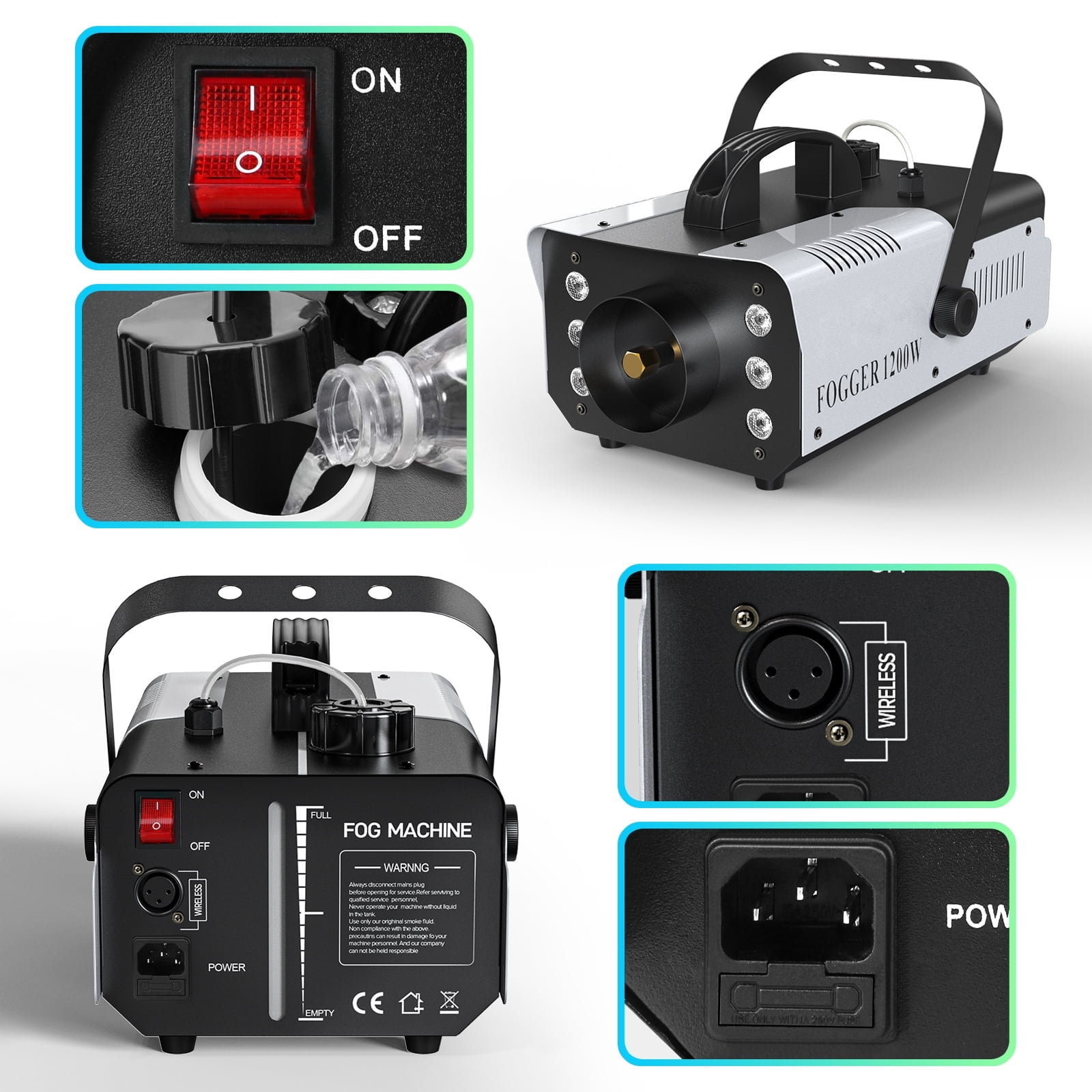 1200W Fog Machine with RGB 6LED Lighting Smoke Remote Control Stage Effect Equipment, Home Entertainment Halloween Party DJ Nightclub Wedding