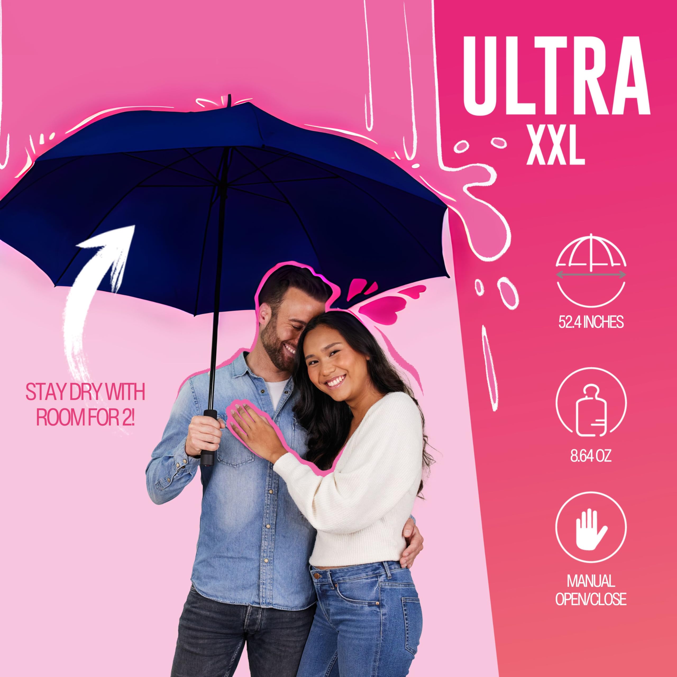 Knirps U.900 Ultra Light XXL Manual Open Close 52in Rain Umbrella in Navy – Large Quick Dry Double Canopy, Weighs 9oz, Windproof Up to 75mph - Durable Aluminum Carbon Frame & Non Slip Handle