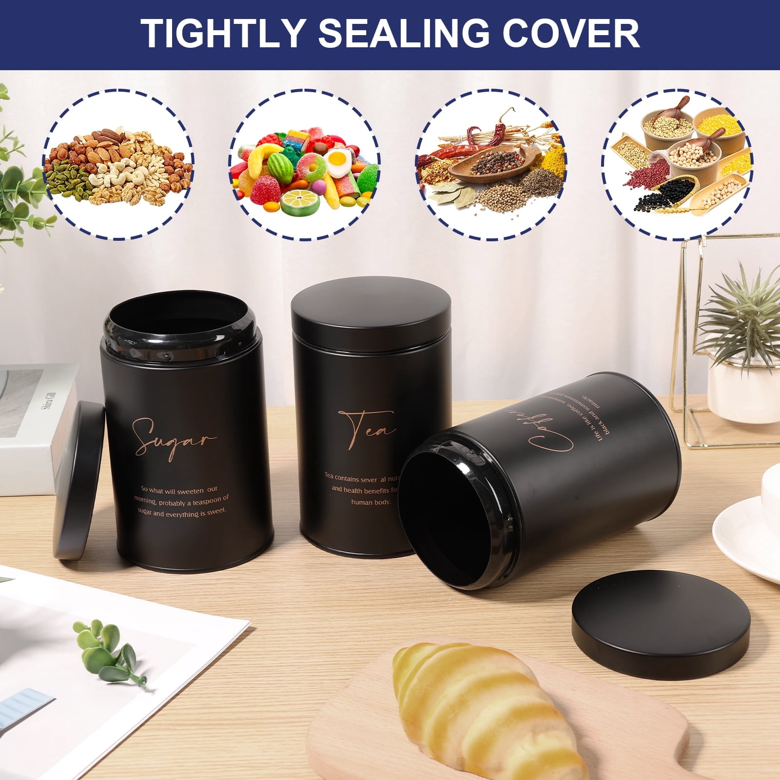 FUYGRCJ 3 Piece Black Canisters Sets for Kitchen, Airtight Sugar Tea Coffee Canister Set, Storage Jars for Coffee Container, Tea Organizer & Sugar Canister, Black Kitchen Canisters